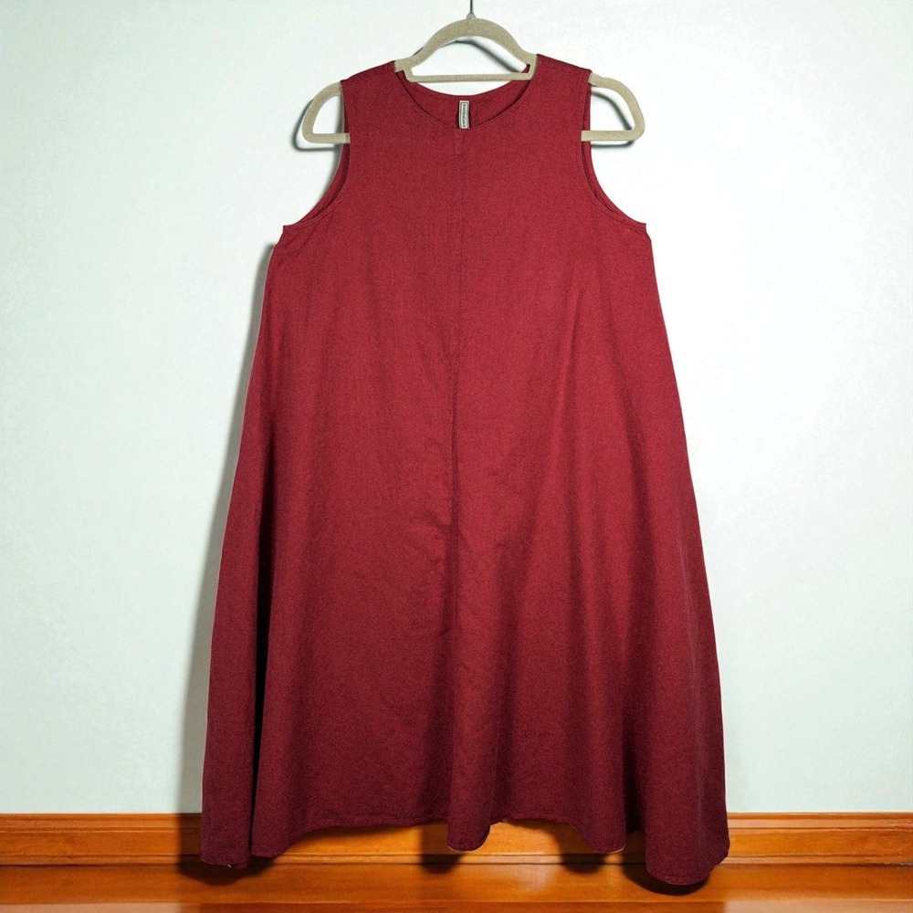 Embellish Sleeveless Dress Woman Small Oversized Cotton Linen Red Lagenlook Boho